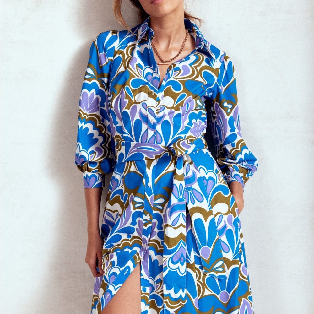 Clara Cotton Shirt Dress
Kingfisher Blue, Freesia Stamp
